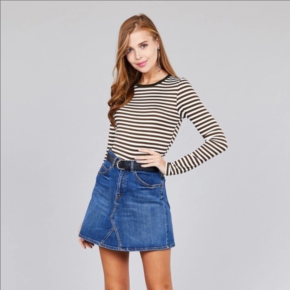 BROWN Off White Stripe Long Sleeve Top Large - Picture 2 of 5